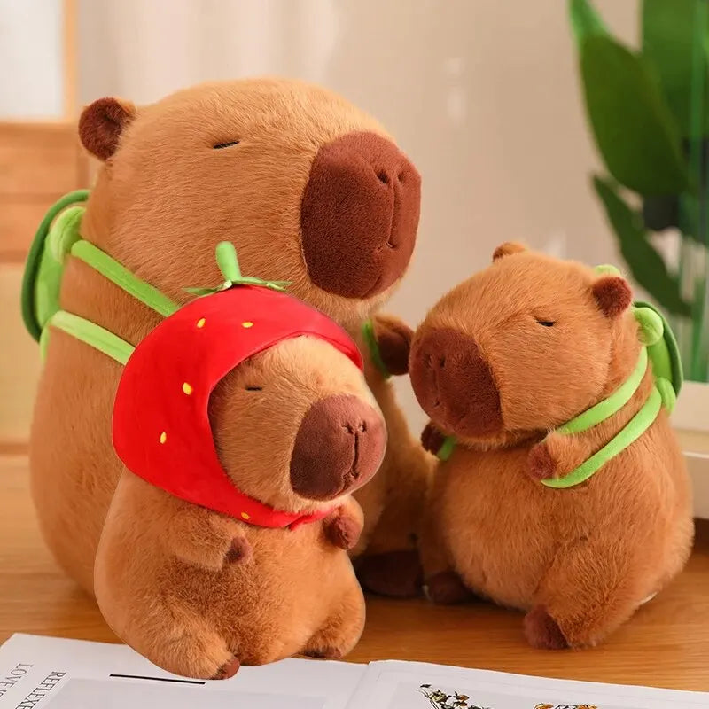 Capybara en peluche mignon Kawaii, avec sac de tortue, casquette de fraise, animaux en peluche, cadeau pour enfants, décoration de la maison