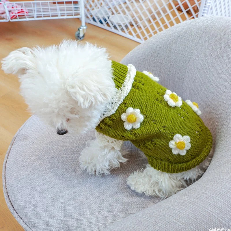 Vêtements pour animaux de compagnie, 1 pièce, pull épais, chaud, vert, rose, fleur 3D, en tricot, pour petits et moyens chiens, automne et hiver