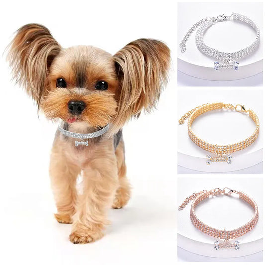 Adjustable Pet Necklace Cat Dog Collar with Diamond Zircon Bone Pendant Jewelry Luxury Metal Copper Puppy Collars Dog Supplies Accessories Fashion Style