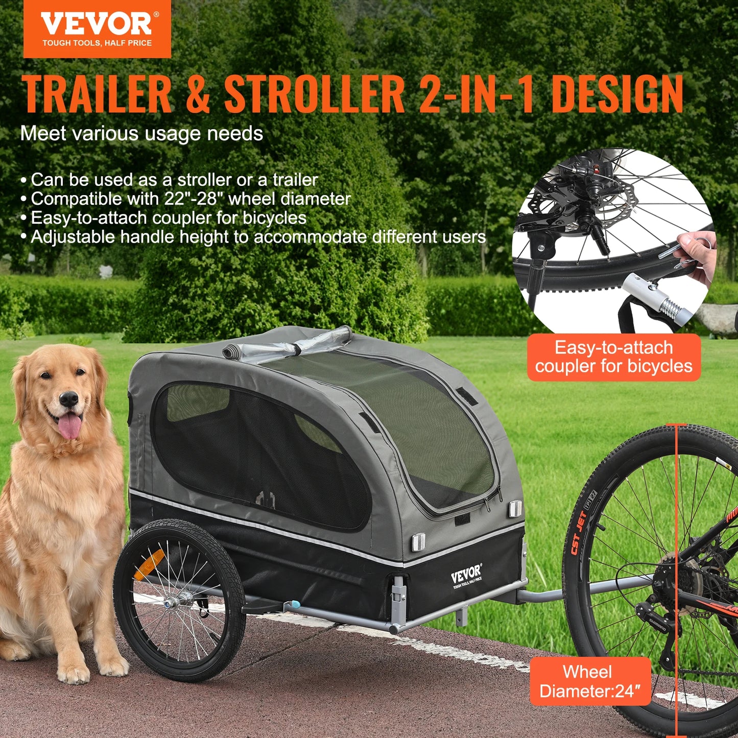 VEVOR 88 lbs 2-in-1 Pet Stroller Cart Dog Bike Trailer with Wheels Reflectors Easy Folding Cart Frame Bicycle Coupler Carrier