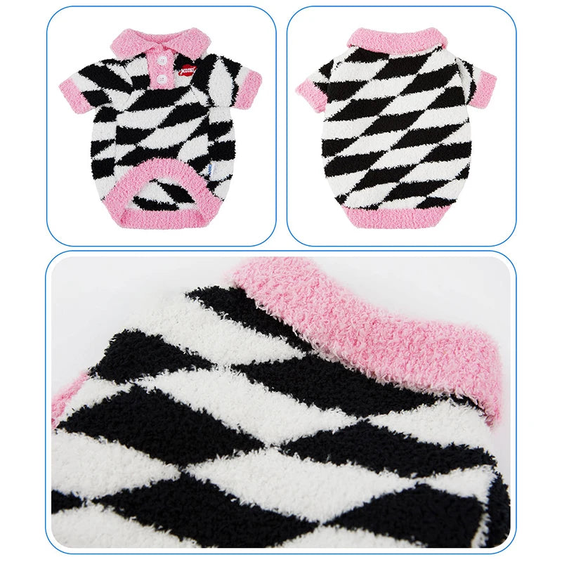 Winter Fleece Dog Sweaters Cat Warm Thicken Fashion Clothing Black and White Rhombus Print Pet Clothes Puppy Dogs Pullover Style