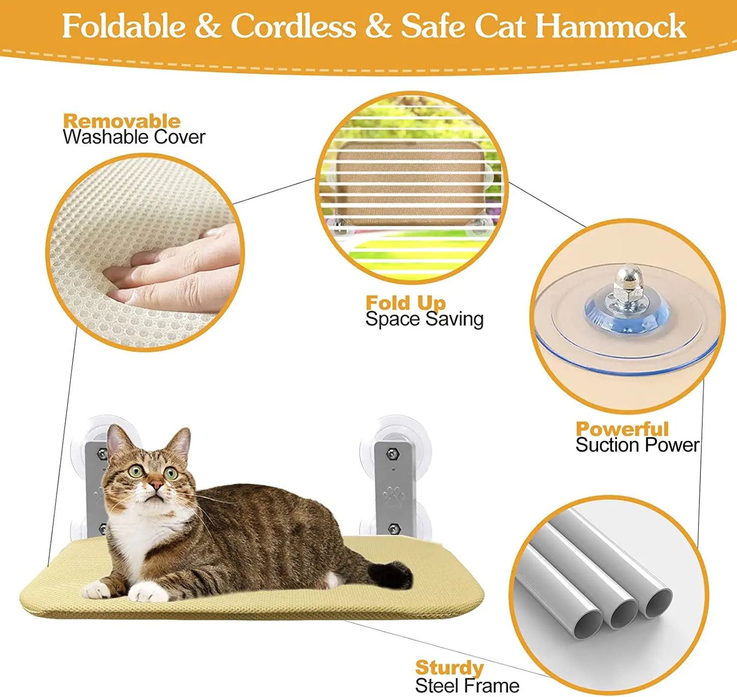 Foldable Cat Window Perch Cordless Cat Window Hammock with 4 Strong Suction Cups Windowsill Cat Beds Seat for Indoor Cats Inside