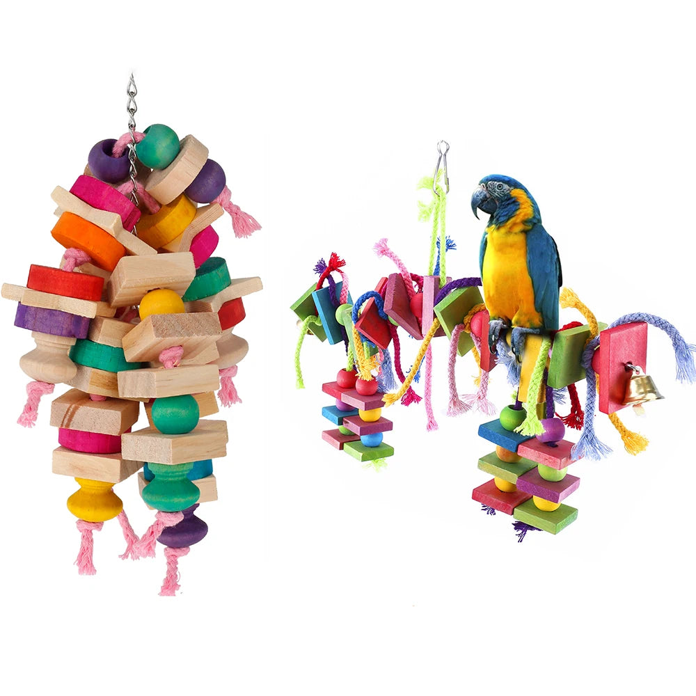 Jouets en bois pour perroquets, Cage à oiseaux suspendue, jouets à mâcher, blocs de recherche de nourriture multicolores pour oiseaux, perroquets, perruches, produit pour animaux de compagnie