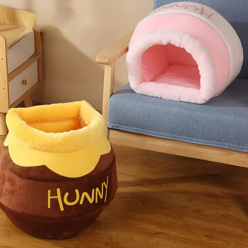 Cama para gatos, estera de felpa extraíble, gatos, cachorros, cojín para las cuatro estaciones, cesta con forma de tarro de miel, accesorios lavables a máquina para mascotas