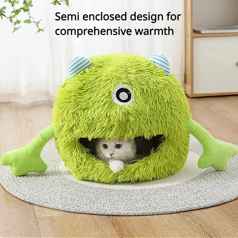 New Product Pet Bed Winter Warm Cat's Nest Plush Monster Pet Villa Detachable Washable Semi Enclosed Cats Den Cartoon Pets House