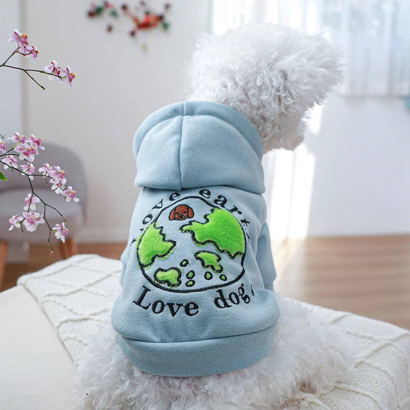 Ropa para mascotas, sudadera con capucha azul Love Earth para perros pequeños y medianos, gruesa, cálida y cómoda, primavera y otoño, 1 ud.