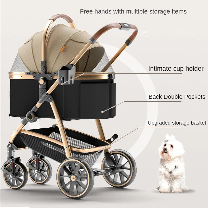 Poussette multifonction amovible pour animaux de compagnie, porte-poussette de luxe pour chiens dorés, pour grands chiens et chats, sac de transport pliable pour voiture et lit