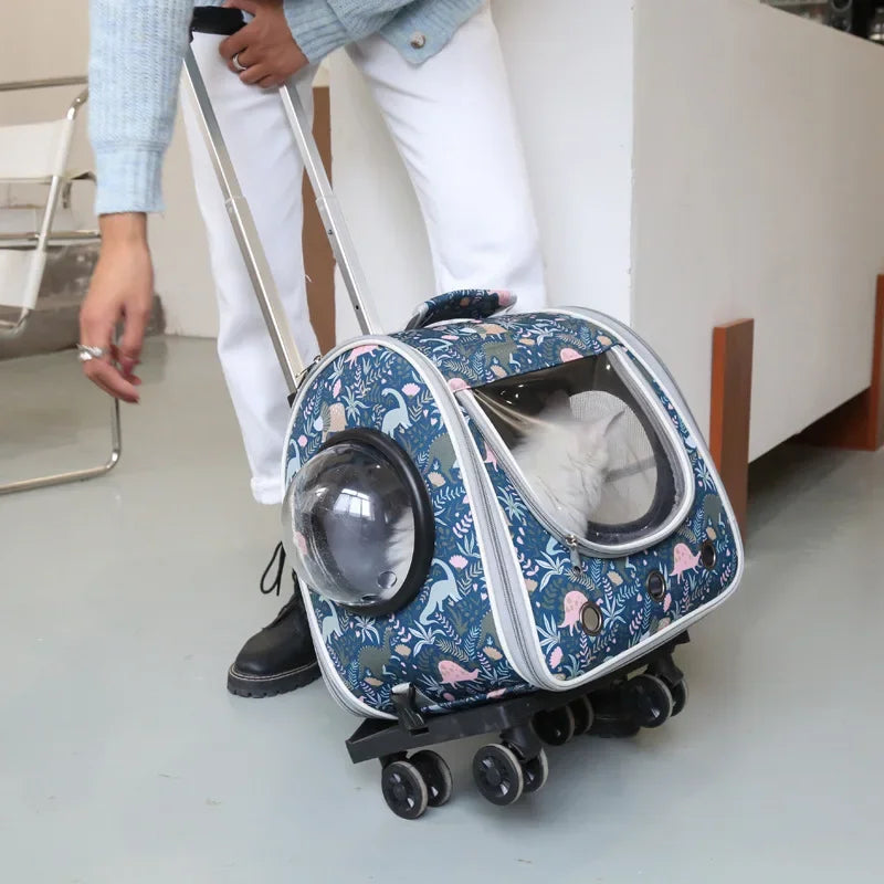 2 In 1 Large Pet Backpack Cat Stroller Pet Carrier with Wheels Portable Tie-Rod Pet Bag Cat and Dog Foldable Travel Carrier Bag