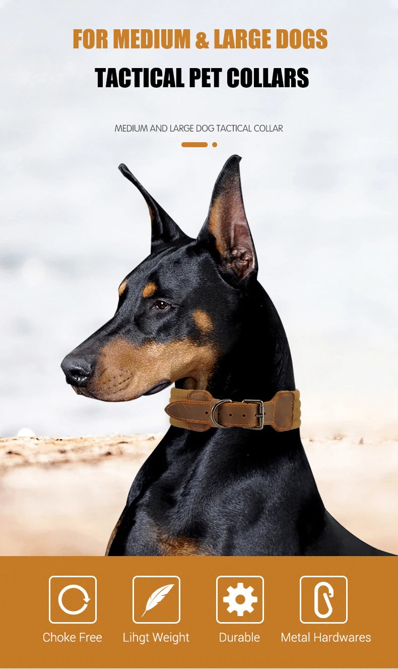 Collar táctico para perros grandes de cuero de vaca, ajustable, duradero, para mascotas, sin escape, sin tirones, para Labrador Doberman, accesorios, estilo de moda