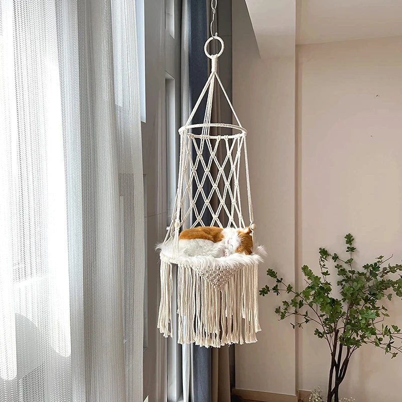 Lit suspendu pour chat, hamac pour animaux de compagnie, corde en coton, lit aérien pour chats, maison, pompon, cadre d'escalade tissé, siège, nid, panier pour animaux de compagnie, tapisserie, nouveau