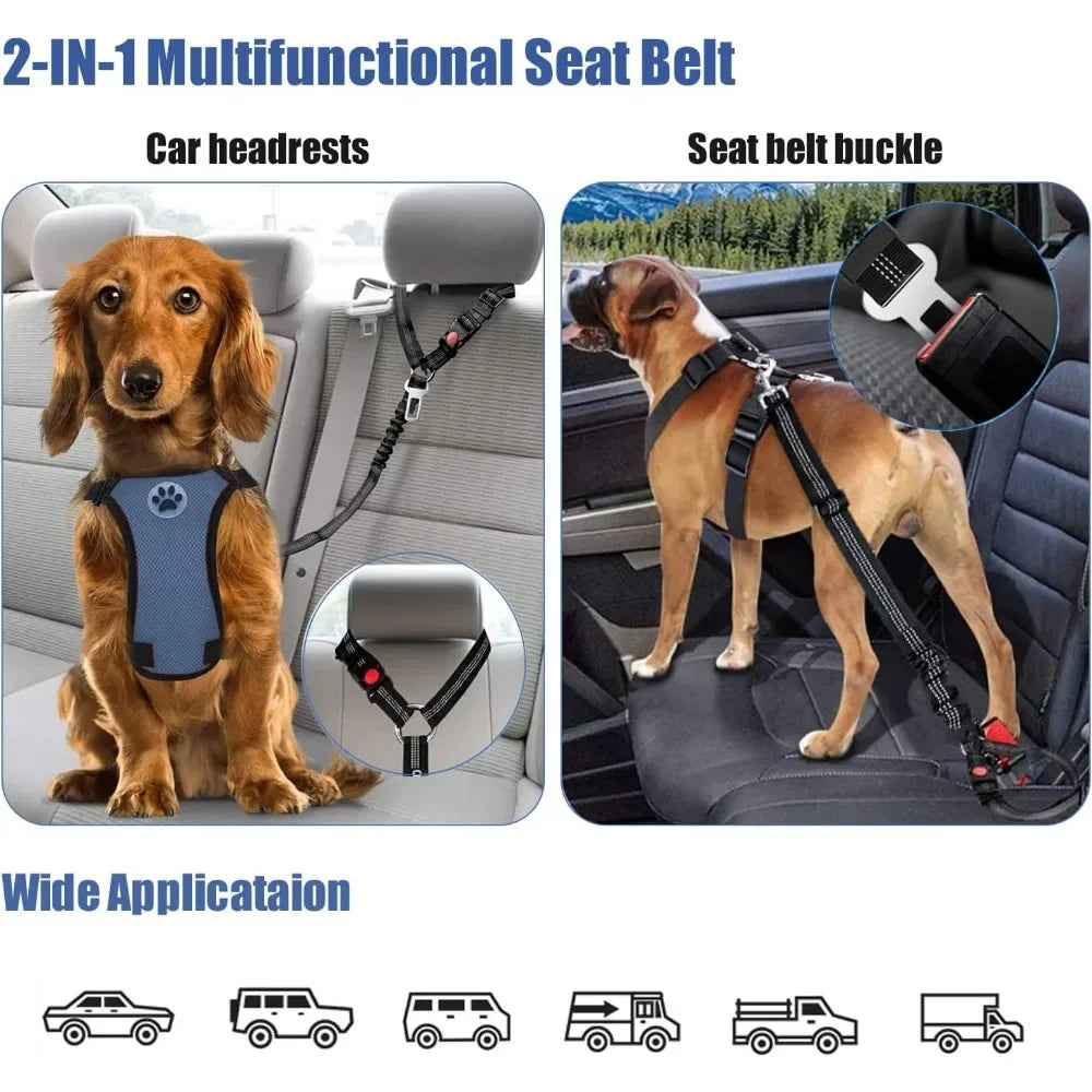 Cinturón de seguridad 2 en 1 para perro, reposacabezas, sujeción ajustable, reflectante, cinturón de seguridad para mascotas, Clip, hebilla, correa, perros grandes, medianos y pequeños