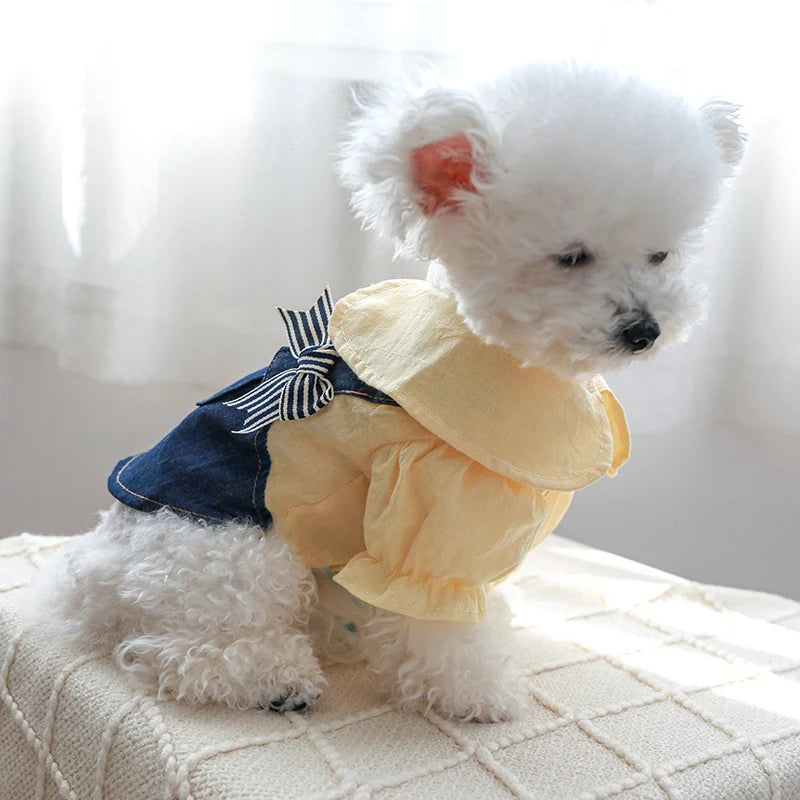 1PC Pet Apparel Spring/Summer/Autumn Thin Yellow Denim Bow Strap Princess Dress Suitable for Small and Medium sized Dogs