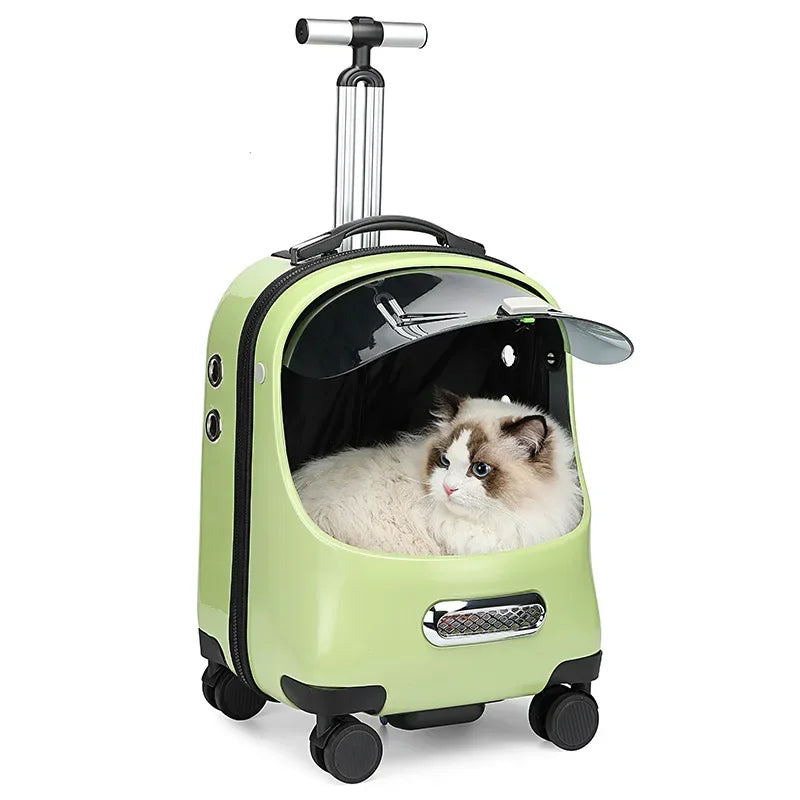 Cómodo transportador de viaje para gato, mochila con ventana transparente para gato, barra de tracción, hombro, cesta para gato, carrito para mascota de gran espacio