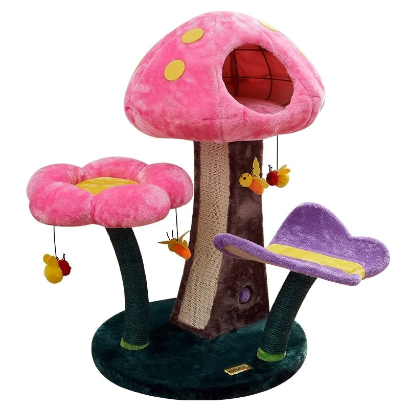 Árbol para gatos de felpa con seta de flores, árbol trepador cómodo y seguro, juego de setas pequeñas, juguetes para mascotas, cama de juego