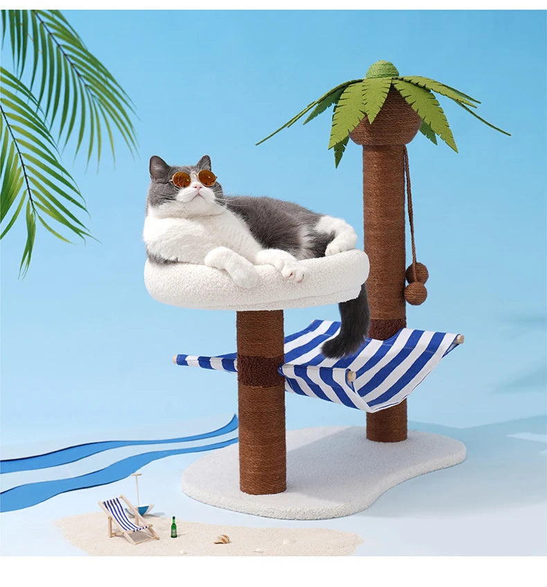 Postes rascadores para gatos, árbol de coco para mascotas, torre de modelado para rascar, marco de escalada para gatos, juguetes con hamaca y cama con estera