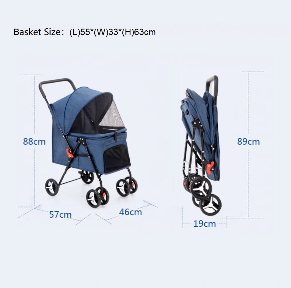 4 Wheel Lightweight Pet Stroller Outdoor Portable Foldable Pet Cart Breathable Dog Trolley Load Bearing 20kg Pet Carrier