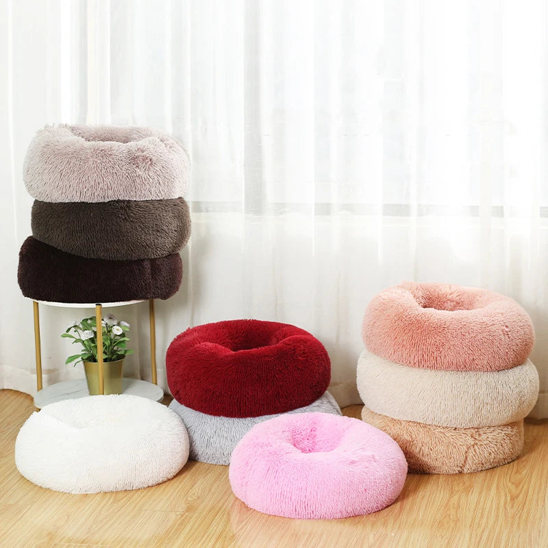 Lit rond en forme de beignet pour chien et chat, lavable, avec fermeture éclair, en peluche longue, de luxe, super doux et chaud, housse amovible, tapis de canapé