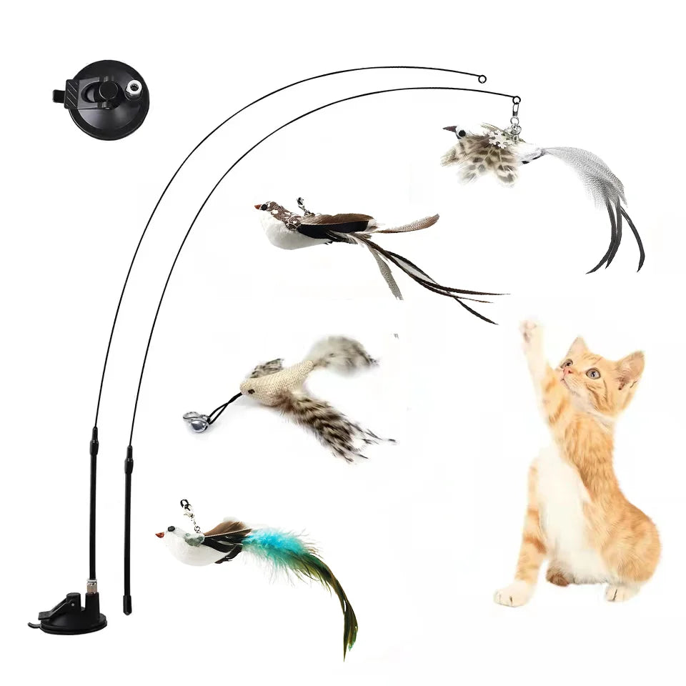 Pájaro de simulación interactivo divertido palo para gato juguete pluma peluda pájaro con campana ventosa palo para gato juguete gatito jugando accesorios para mascotas