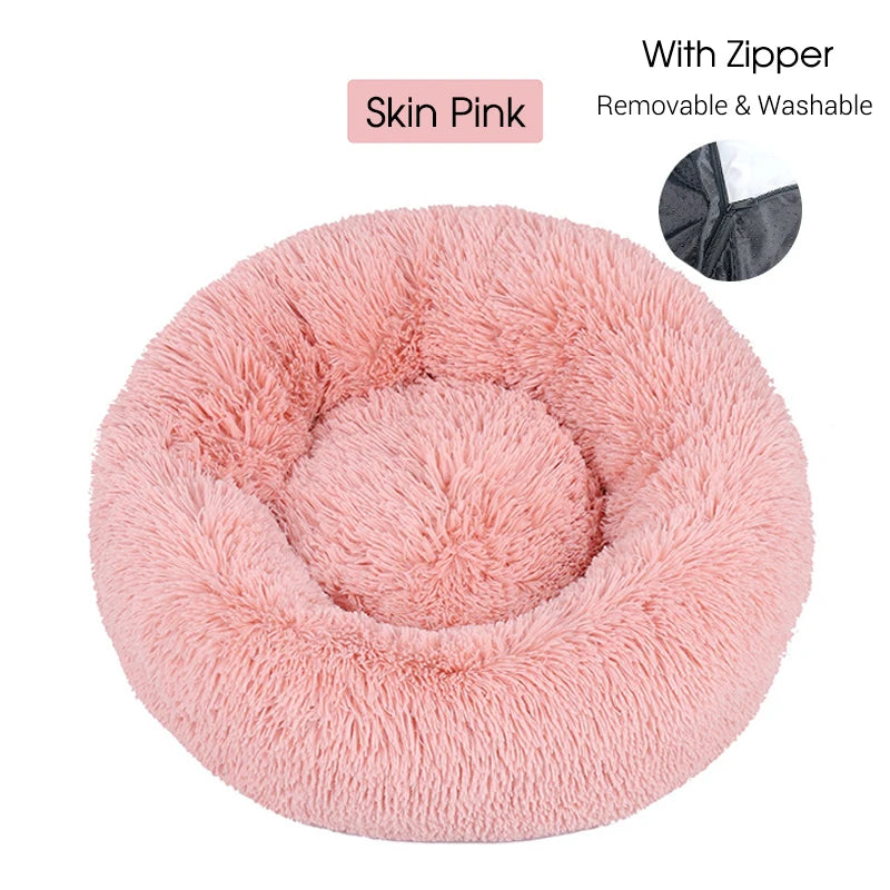 Washable Dog Bed with Zipper Luxury Long Plush Fur Round Donut Bed for Dogs Cat Super Soft Warm Removable Cover Dog Bed Sofa Mat