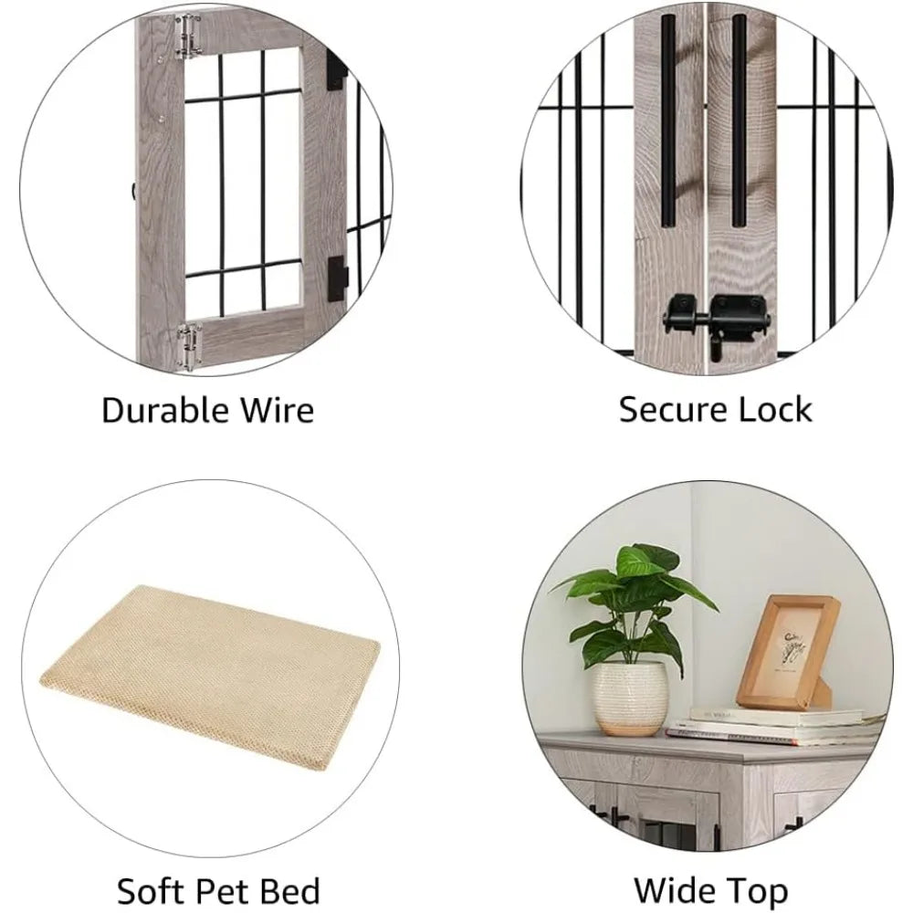 Mesa auxiliar con jaula para perros estilo muebles, perrera de alambre de madera con puertas dobles y cama para mascotas, casa decorativa para perros con jaula para mascotas