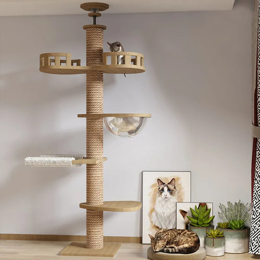 Árbol para gatos de piso a techo, torre para gatos, gatito ajustable, condominio de varios niveles con poste rascador, hamaca, centro de actividades para gatos, juguete