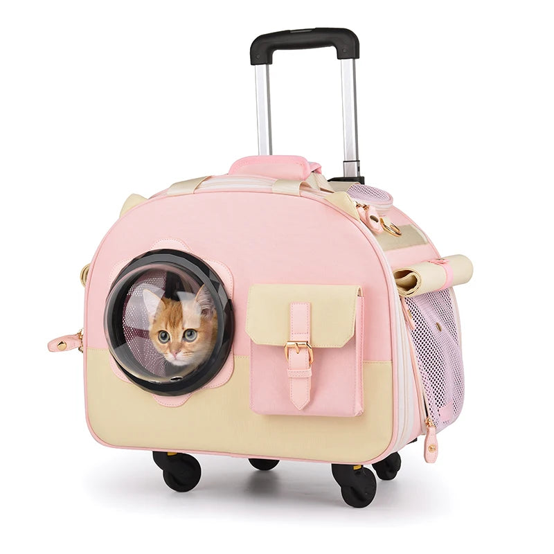 Nuevo bolso de viaje de lujo, bolso con carrito, carrito plegable para mascotas, cochecito para gatos, cochecito para perros pequeño y mediano con ruedas