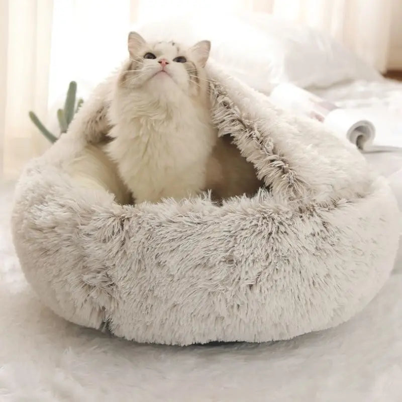 Cama para gatos 2 en 1 de invierno, cama redonda cálida para mascotas, cama larga para perros de peluche, saco de dormir cálido, sofá, cojín, nido para perros pequeños, gatos y gatitos