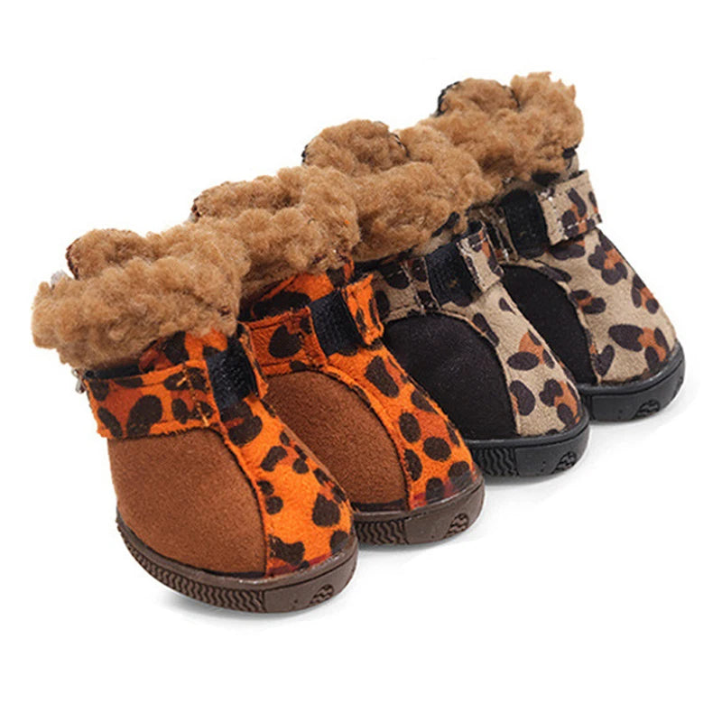 Botas de nieve muy cálidas para perros pequeños Sherpa gamuza leopardo zapatos impermeables para perros 4 unids/set botines antideslizantes suaves y duraderos para cachorros