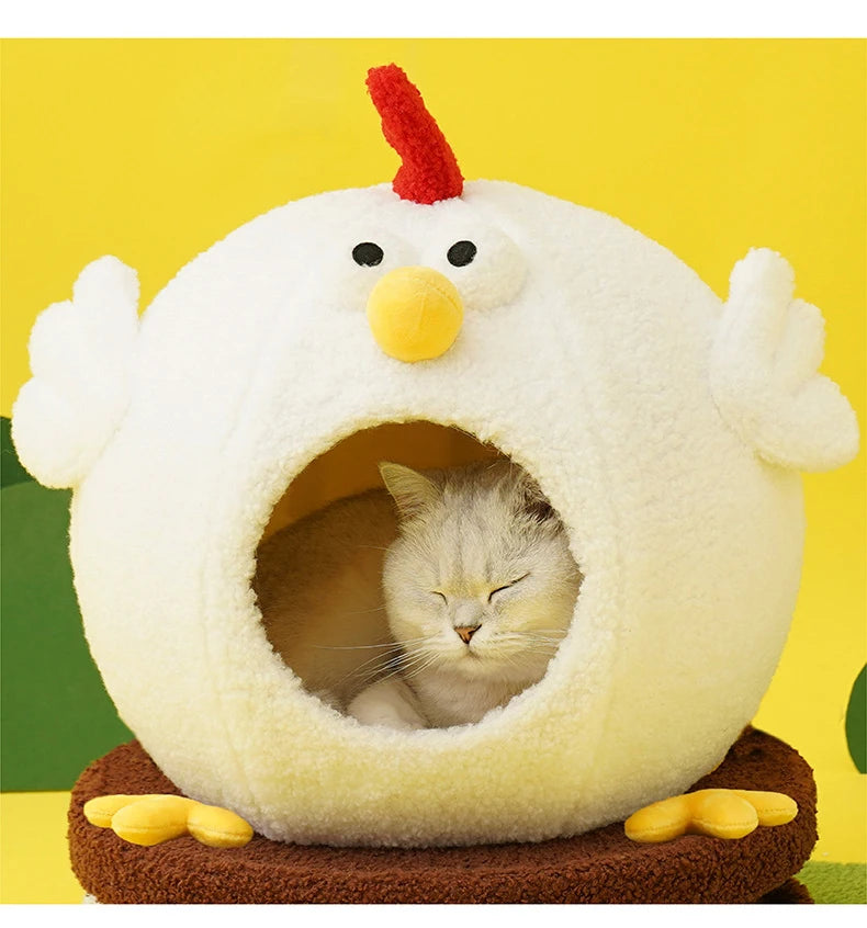 Traje de casa para gatos, nido de descanso para dormir multifunción para mascotas con plato giratorio, camas con forma de pollo para mascotas, juguetes interactivos con trinquete de molienda