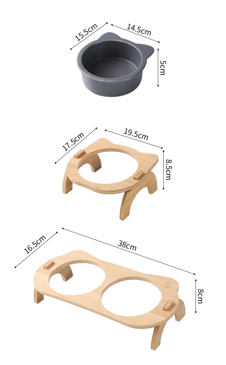 Bol en céramique pour chat, mangeoires d'eau et de nourriture pour petits chiens avec support en bois, Double boisson pour animaux de compagnie