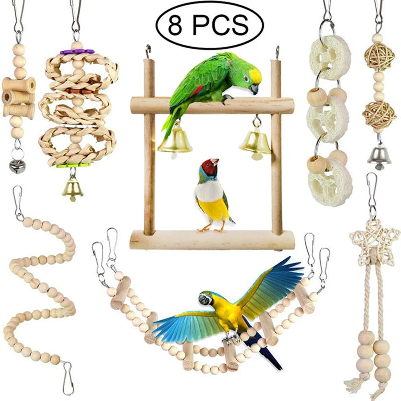 Cage à oiseaux en bois, 8 pièces, jouets pour perroquets, balançoire, fiable, à croquer, pont de morsure, perles en bois, ensemble de jouets pour perroquets