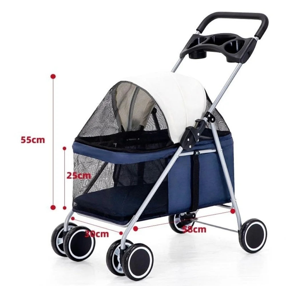 4 Wheel Lightweight Pet Stroller Outdoor Portable Foldable Pet Cart Breathable Dog Trolley Load Bearing 20kg Pet Carrier