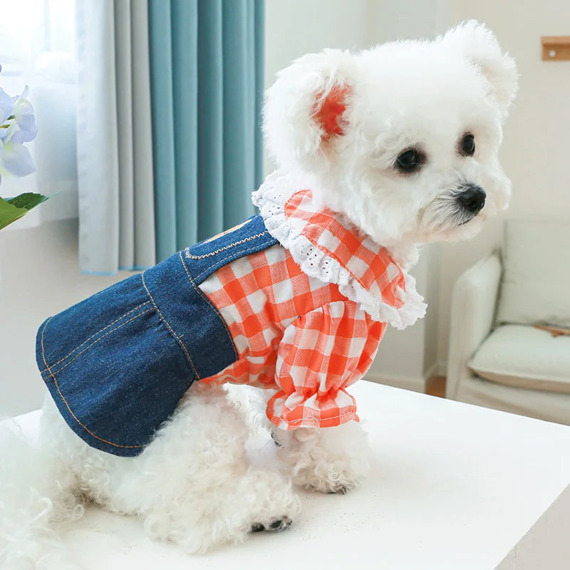 1PC Pet Apparel Dog Spring and Autumn Slim Fit Orange Plaid Lace Shirt Denim Strap Princess Dress For Small Medium Dogs