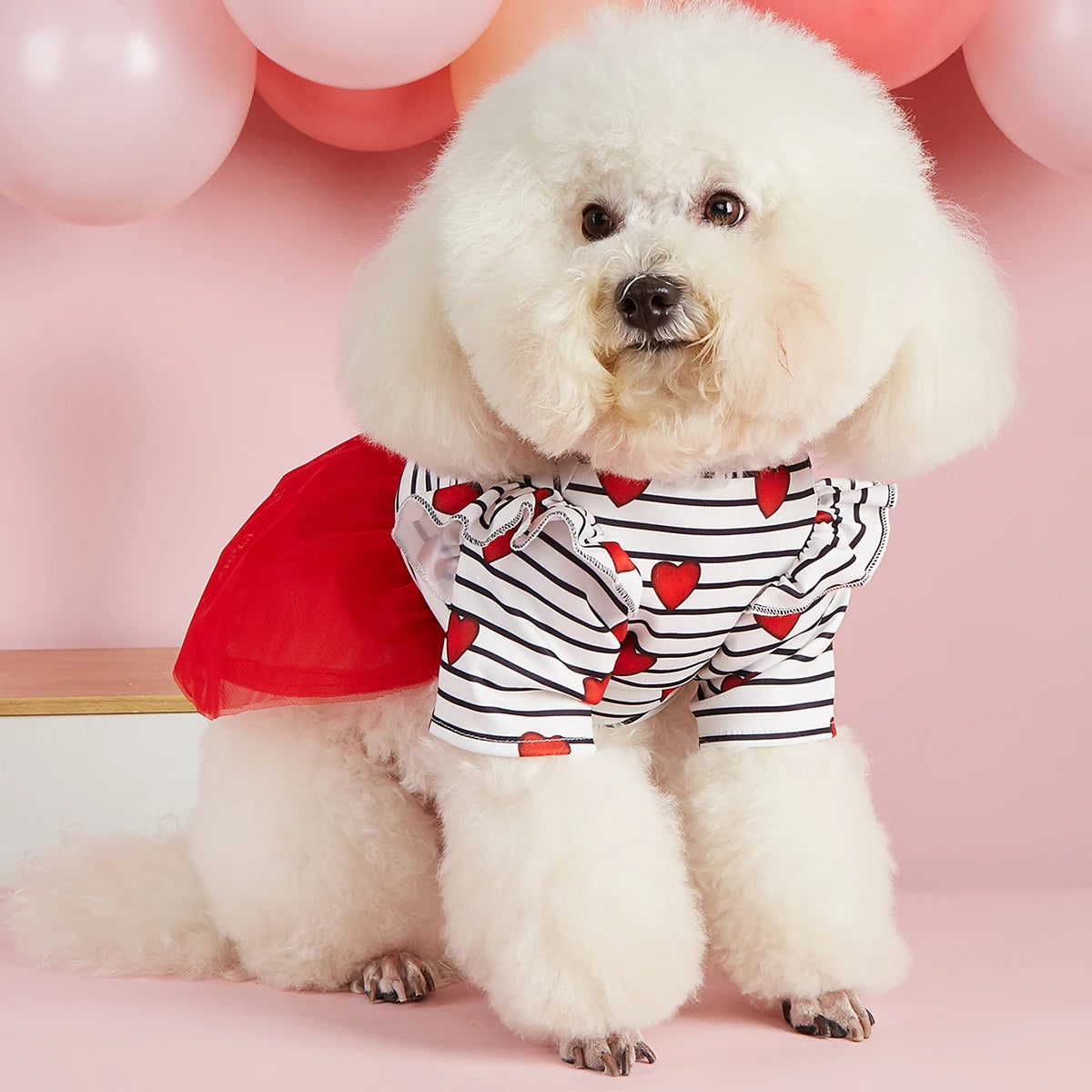 Stripe and Red Hearts Valentine's Day Dog Tulle Dress, Flutter Sleeve Dog Clothes for Small Dogs Girl, Cat Apparel