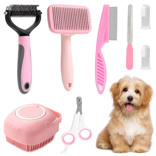 Ensemble de toilettage de brosse pour chien de 8 pièces, ensemble autonettoyant pour animaux de compagnie, avec coupe-ongles et limes pour animaux de compagnie, peigne à puces, brosse de bain de shampoing pour animaux de compagnie, animal de compagnie