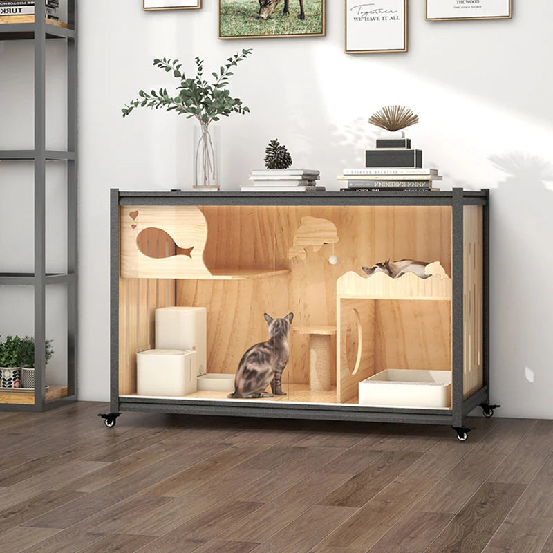 Villa de madera maciza para gatos, mueble para TV de acero y madera, espacio libre personalizado de gran tamaño para interiores, portador de mascotas, muebles para gatos de juguete, cama