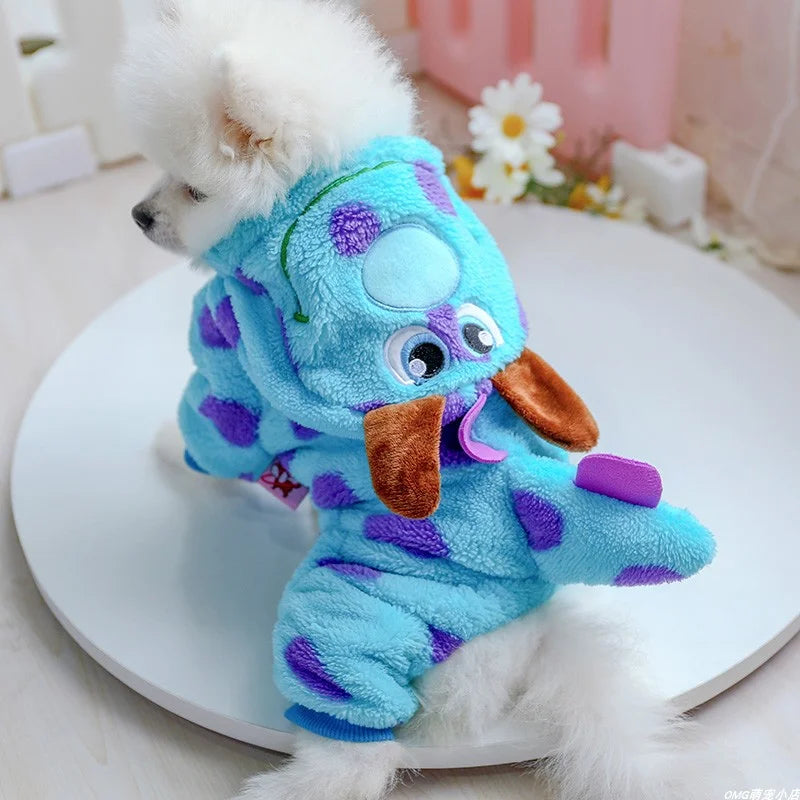 1PC Pet Apparel Dog Autumn and Winter Plush Thickened Blue Dinosaur Monster Four Legs Suitable for Small and Medium sized Dogs