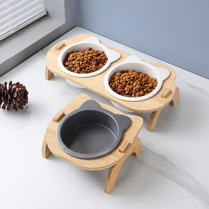 Bol en céramique pour chat, mangeoires d'eau et de nourriture pour petits chiens avec support en bois, Double boisson pour animaux de compagnie