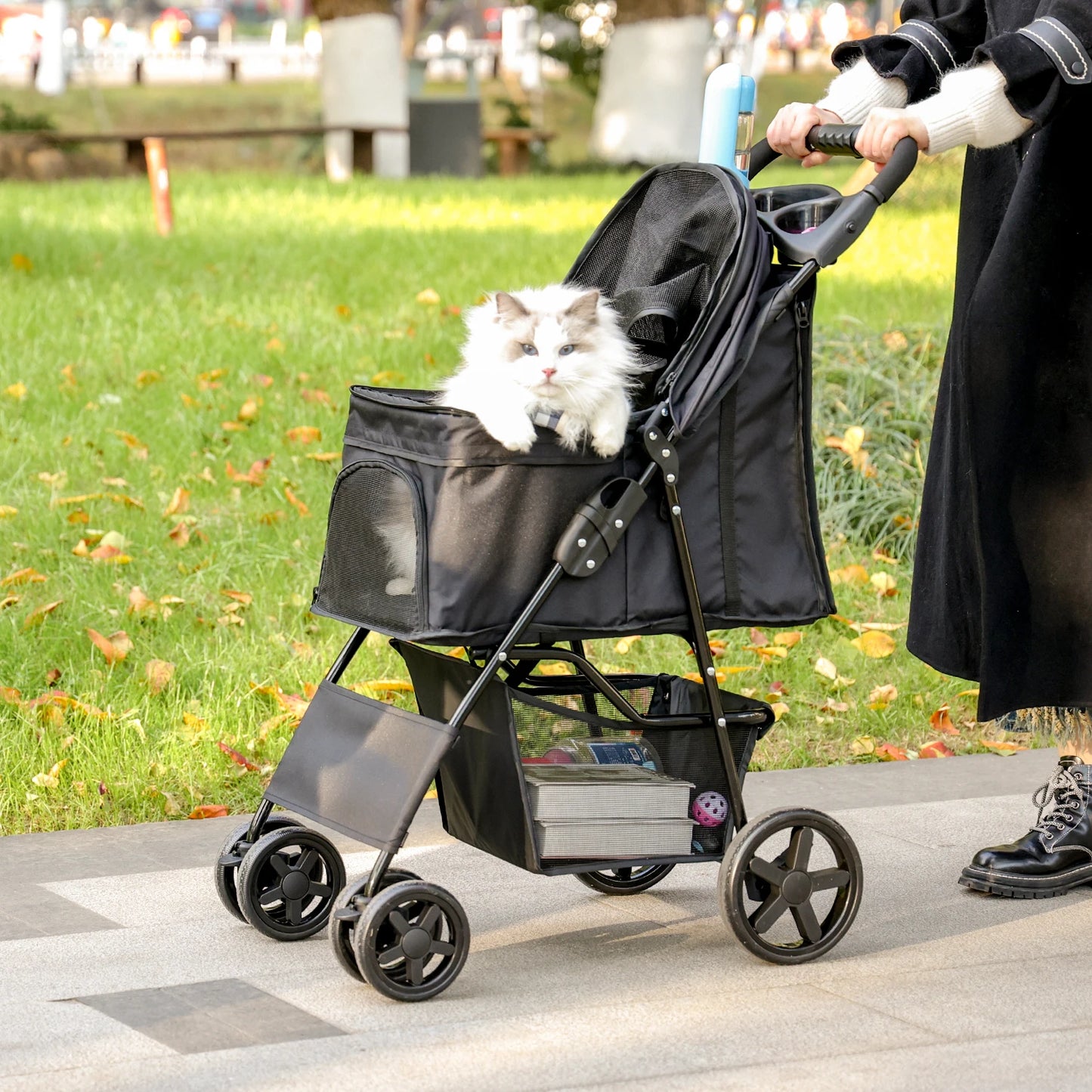 Cochecito portador estable para perros, cochecito para gatitos, carrito de bebé para cachorros y gatos al aire libre, cochecito para correr de gran espacio plegable ligero en 2 colores