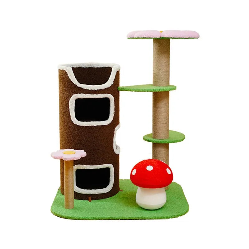 Cat Tree Towers for Large Cats, Pet Interactive Toy, Brown Green Pink Sisal Plush, Lint Flower, Tree Tower, Luxury, Game Bed