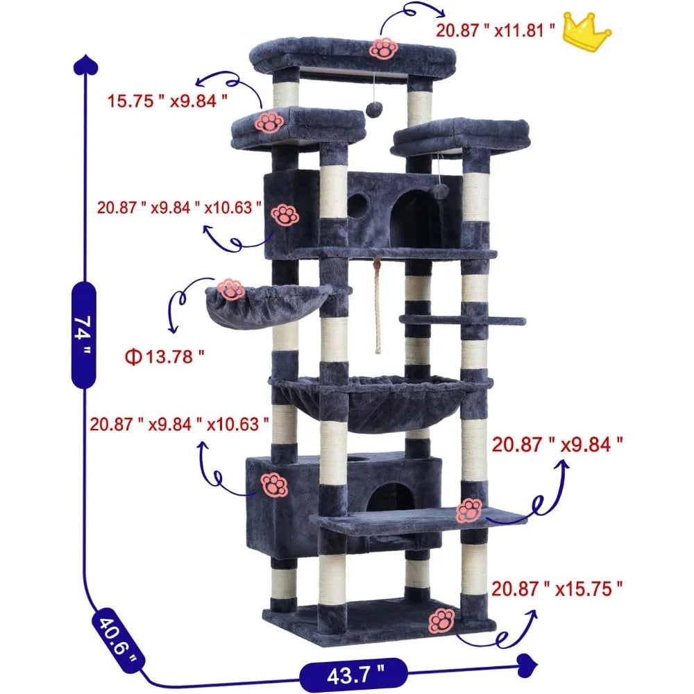 Suitable for Indoor Cats 2 Baskets Multi-level Cat Scratch Ear Scratch Columns 74 Inch Cat Tower With 3 Large Platforms Tree Pet