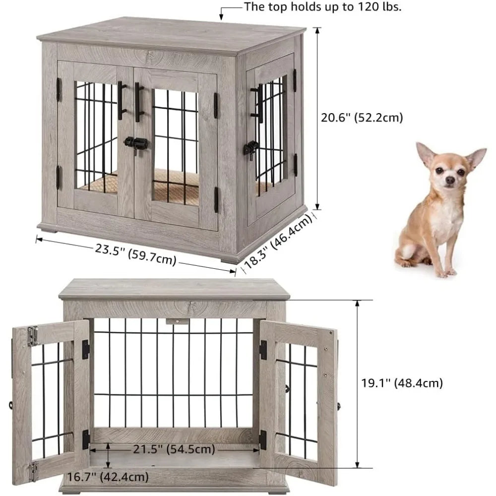 Mesa auxiliar con jaula para perros estilo muebles, perrera de alambre de madera con puertas dobles y cama para mascotas, casa decorativa para perros con jaula para mascotas