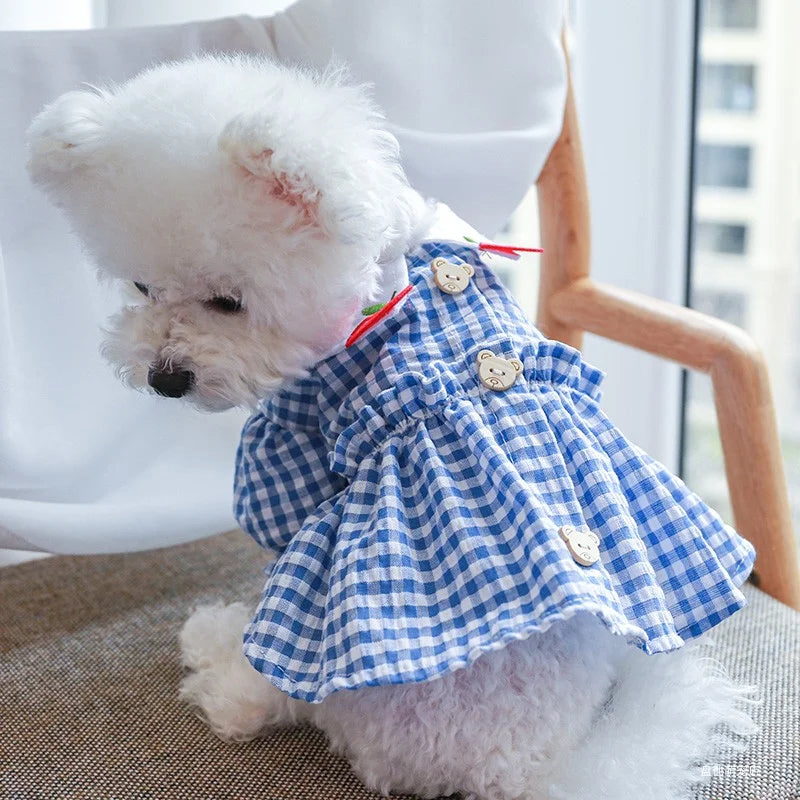 Ropa para mascotas, vestido de princesa con oso de manzana a cuadros azul, transpirable, fino, para primavera/verano, adecuado para perros pequeños y medianos, 1 ud.