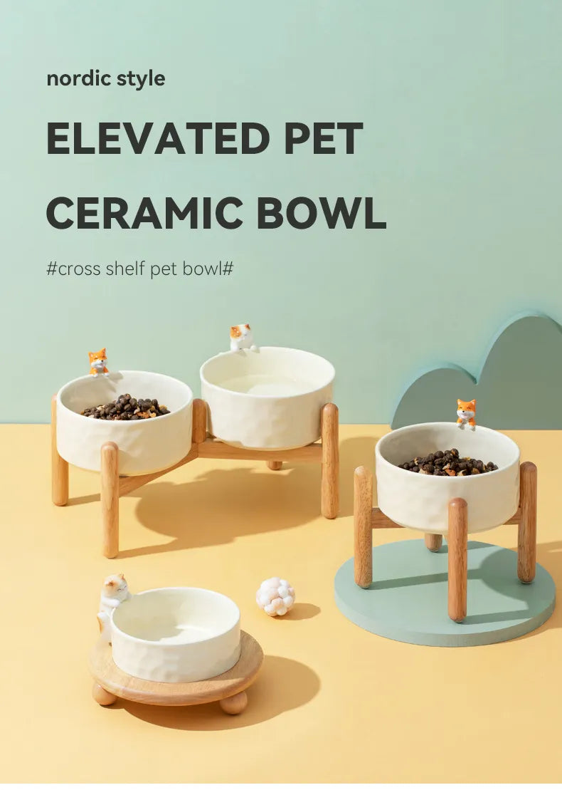 840ml Dogs Double Bowls with Wooden Shelf Cat Elevated Food Water Feeders Pet Small Medium Dog Drinking Eating Ceramics Bowl