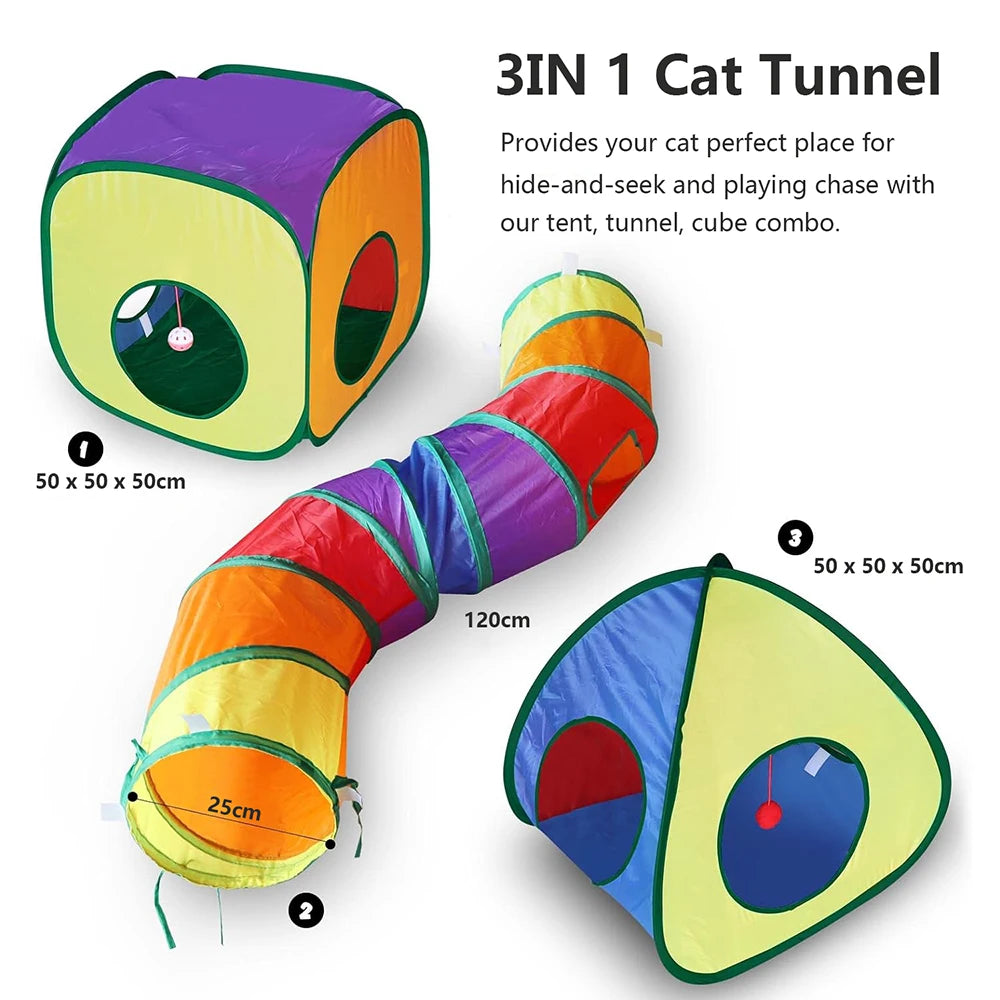 Túnel para gatos de juguete y cubos, Combo de túneles para gatos de interior con pelota de juego, tienda de campaña plegable interactiva y cubos, tubo para gatos