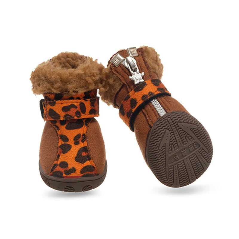 Botas de nieve muy cálidas para perros pequeños Sherpa gamuza leopardo zapatos impermeables para perros 4 unids/set botines antideslizantes suaves y duraderos para cachorros