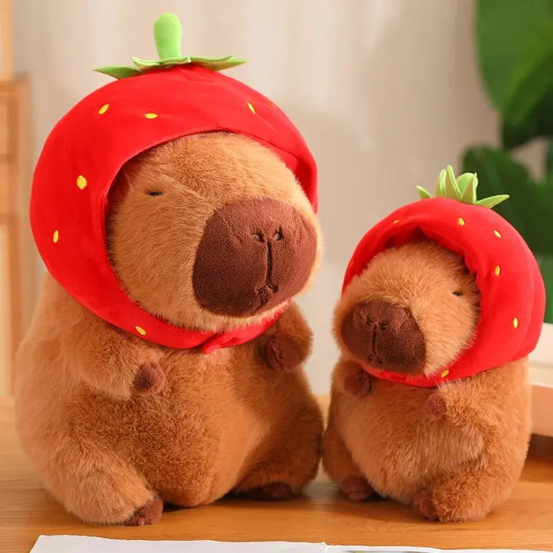 Capybara en peluche mignon Kawaii, avec sac de tortue, casquette de fraise, animaux en peluche, cadeau pour enfants, décoration de la maison