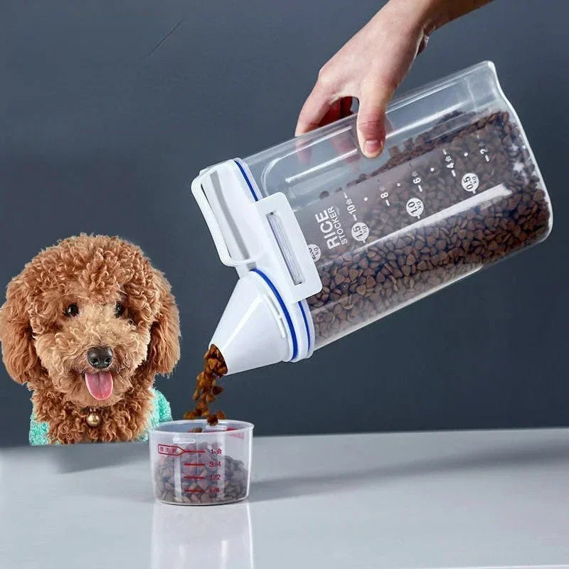 Seau de nourriture en plastique pour chien et chat, 1.5kg/2kg, réservoir de stockage avec tasse à mesurer, pot scellé étanche à l'humidité, accessoires fournitures pour animaux de compagnie