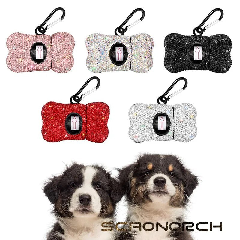 Soporte para excrementos de perro con diamantes brillantes, dispensador portátil de excrementos para mascotas, accesorios de limpieza para gatos con hebilla de metal, artículos para animales