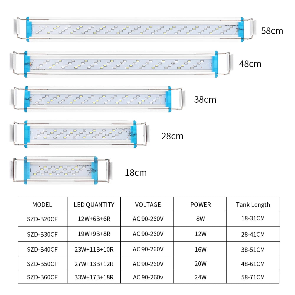 Lámpara LED superbrillante de 18 ~ 70CM, luz de acuario para plantas acuáticas, pecera, lámpara con Clip Extensible de 90 ~ 260V